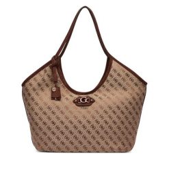 Torebka Guess. Brązowe shopper bag Guess, z aplikacjami, bez dodatków. Za 634.99 zł.