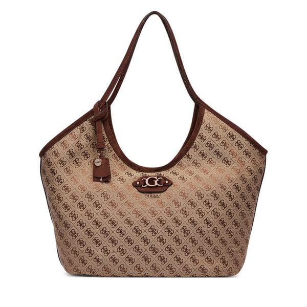Torebka Guess. Brązowe shopper bag Guess, z aplikacjami, bez dodatków. Za 634.99 zł.