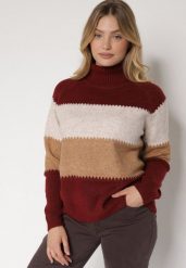 Bordowy Golf Oversize w Szerokie Pasy z Domieszką Kaszmiru Nellemia. Czerwone golfy damskie Born2be, uniwersalny, bez wzorów, z dzianiny, bez ramiączek. Za 129.99 zł.