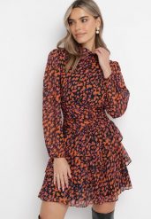 Pomarańczowa Rozkloszowana Sukienka Mini w Modny Print Ozdobiona Brokatem Ifigentta. Brązowe sukienki damskie Born2be, bez wzorów, bez ramiączek. W wyprzedaży za 152.99 zł.