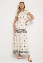 Jasnobeżowa Sukienka z Wiskozy ze Wzorem Boho Ellirose. Brązowe sukienki damskie Born2be, z aplikacjami, z wiskozy, boho, bez ramiączek. Za 99.99 zł.