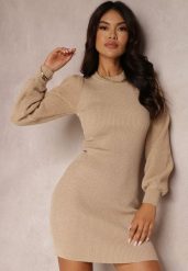 Beżowa Sukienka Dzianinowa z Bufiastym Rękawem Michah. Brązowe sukienki damskie Renee, z aplikacjami, z dzianiny, eleganckie, bez ramiączek. W wyprzedaży za 135.99 zł.