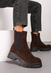 Brązowe Botki Sztyblety na Platformie z Elastyczną Cholewką Mavita. Brązowe botki damskie Renee, z jeansu, eleganckie, bez obcasa, na platformie, bez zapięcia. Za 139.99 zł.