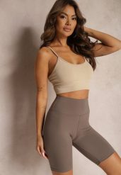 Brązowe Szorty Kolarki High Waist z Gumką w Talii Xelfea. Brązowe szorty damskie Renee, bez wzorów, z podwyższonym stanem. Za 39.99 zł.