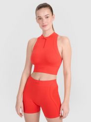 4F Crop-top treningowy slim bezszwowy damski - czerwony XS/S. Czerwone koszulki sportowe damskie 4F, s, bez wzorów, z dzianiny, bez ramiączek, do biegania. W wyprzedaży za 59.99 zł.