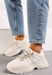 Beżowe Sneakersy na Nieregularnej Grubej Podeszwie z Cyrkoniami Adirka. Brązowe obuwie sportowe damskie Renee, z bawełny, bez zapięcia. Za 99.99 zł.