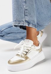 Biało-Złote Sneakersy na Grubej Podeszwie z Licznymi Wstawkami na Cholewce Lairemea. Białe obuwie sportowe damskie Born2be, bez zapięcia. Za 99.99 zł.