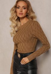 Brązowy Sweter z Okrągłym Dekoltem i Tłoczeniami w Kształcie Liści Timaphone. Brązowe swetry klasyczne damskie Renee, bez kołnierzyka. Za 54.99 zł.