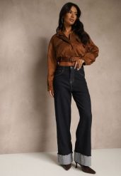 Granatowe Jeansy Wide Leg z Ozdobnie Podwiniętymi Nogawkami Zenesea. Niebieskie jeansy damskie Renee, z podwyższonym stanem. Za 119.99 zł.