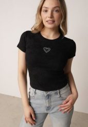 Czarny Bawełniany T-shirt z Cyrkoniowym Sercem Arielin. Czarne koszulki sportowe damskie Born2be, m, z aplikacjami, z bawełny, bez ramiączek. Za 39.99 zł.
