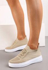 Beżowe Buty Sportowe z Cholewką w Skarpetkowym Stylu Timotta. Brązowe obuwie sportowe casual damskie Renee, bez zapięcia. Za 49.99 zł.