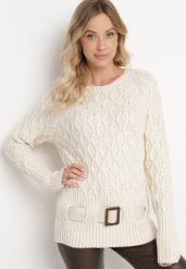 Beżowy Sweter z Ozdobnym Splotem z Paskiem i Klamrą Riean. Brązowe swetry klasyczne damskie Born2be, m, z jeansu, bez kołnierzyka. Za 99.99 zł.