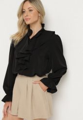 Czarna Koszula Ozdobiona Falbankami Jenisela. Czarne koszule damskie Born2be, z aplikacjami, z jeansu, klasyczne, bez kołnierzyka, bez ramiączek. Za 84.99 zł.