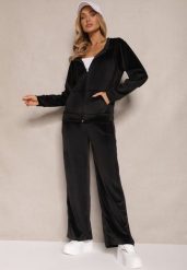 Czarny Welurowy Komplet Dresowy Bluza z Kapturem i Szerokie Spodnie Poretta. Czarne bluzy damskie Renee, m, bez wzorów, z dresówki, z kapturem. Za 69.99 zł.