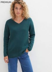 Sweter z dzianiny Milano w prążek, z dekoltem w serek. Niebieskie swetry klasyczne damskie bonprix, z dzianiny, bez kołnierzyka. Za 102.99 zł.