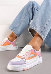 Biało-Różowe Sznurowane Sneakersy z Ekoskóry z Ozdobnymi Wstawkami Ravana. Białe obuwie sportowe damskie Renee, bez zapięcia. Za 74.99 zł.