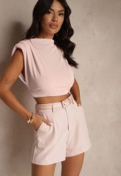 Różowe Szorty High Waist z Paskiem Linave. Czerwone szorty damskie Renee, bez wzorów, z podwyższonym stanem. Za 79.99 zł.