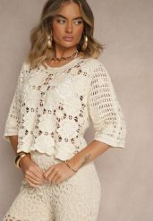 Beżowa Ażurowa Bluzka z Bawełny Nilonna. Brązowe bluzki damskie Renee, w ażurowe wzory, z bawełny, eleganckie, bez kołnierzyka, bez ramiączek. Za 99.99 zł.