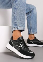 Czarne Sneakersy na Płaskiej Podeszwie z Geometrycznym Motywem Erithnia. Czarne obuwie sportowe damskie Renee, z jeansu, bez zapięcia. Za 99.99 zł.