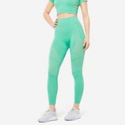 Legginsy fitness damskie Domyos. Zielone legginsy damskie DOMYOS, l, bez wzorów, z elastanu. Za 119.99 zł.