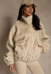 Beżowa Futrzana Kurtka Bomberka z Kieszeniami Tiwedela. Brązowe kurtki damskie Renee, l, bez wzorów, z futra, bez kaptura. Za 229.99 zł.