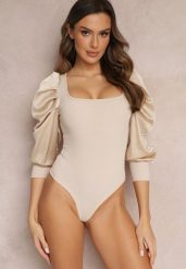 Jasnobeżowe Body z Marszczonym Bufiastym Rękawem Chiki. Brązowe body i gorsety Renee, bez wzorów, z jeansu. Za 59.99 zł.