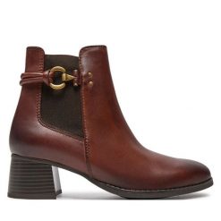 Botki Marco Tozzi. Brązowe botki damskie Marco Tozzi, bez obcasa, na słupku, bez zapięcia. Za 379.99 zł.