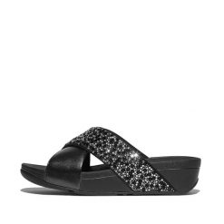 Klapki damskie FitFlop Lulu Crystal-Mix Metallic Cross. Czarne klapki damskie FIT FLOP, bez wzorów, z gumy, bez obcasa, bez zapięcia. Za 493.50 zł.