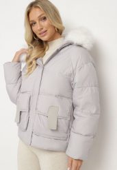 Jasnoszara Kurtka Pikowana z Odpinanym Futerkiem Nomizia. Szare kurtki damskie Born2be, l, bez wzorów, z dzianiny, bez kaptura. Za 319.99 zł.
