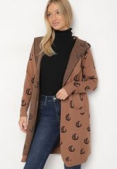 Brązowy Kardigan z Kapturem w Geometryczny Wzór Ralisa. Brązowe kardigany damskie Born2be, l, z aplikacjami, z jeansu. Za 109.99 zł.