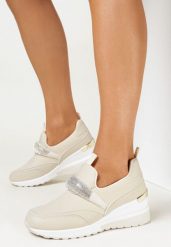 Beżowe Sneakersy na Koturnie z Paskiem z Cyrkonii Maesie. Brązowe obuwie sportowe damskie Born2be, bez zapięcia. Za 129.99 zł.