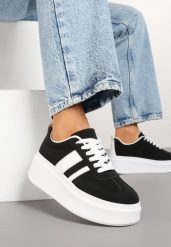 Czarne Sneakersy Kultowe Tenisówki na Platformie z Koturnem Elisara. Czarne obuwie sportowe damskie Born2be, bez wzorów, z jeansu, bez zapięcia. Za 79.99 zł.
