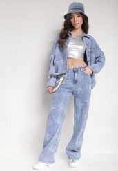 Jasnoniebieskie Szerokie Jeansy Ozdobione Marmurkowym Wzorem Elisbae. Niebieskie jeansy damskie Born2be, bez wzorów, z jeansu. Za 129.99 zł.