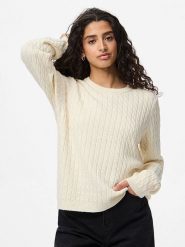 Pieces Sweter "Pcfia" w kolorze kremowym rozmiar: M. Brązowe swetry klasyczne damskie Pieces, m, ze splotem, bez kołnierzyka. Za 117.73 zł.