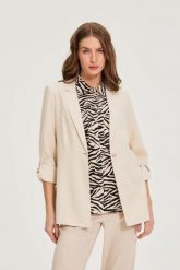 Marynarka z dodatkiem lnu beżowa. Brązowe marynarki i żakiety damskie MOODO, l, bez wzorów, ze lnu. Za 199.99 zł.