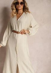 Beżowa Sukienka w Stylu Koszulowym z Bufiastymi Rękawami i Wiskozą Denisea. Brązowe sukienki damskie Renee, bez wzorów, z tkaniny, eleganckie, bez ramiączek. W wyprzedaży za 83.99 zł.