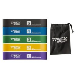 Zestaw 5 gum oporowych Trex Sport Miniband 1–18 kg z torbą. Torby sportowe TREX SPORT, bez wzorów. Za 25.50 zł.