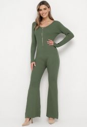 Zielony Wiskozowy Kombinezon Bodycon z Prążkowaniem i Suwakiem Alnorema. Zielone sukienki damskie Born2be, bez wzorów, prążkowane, eleganckie, bez ramiączek. W wyprzedaży za 127.49 zł.
