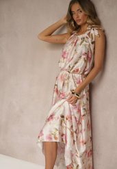 Różowa Sukienka z Satyny w Kwiatowy Wzór Fenimea. Czerwone sukienki damskie Renee, bez wzorów, z satyny, eleganckie, bez ramiączek. W wyprzedaży za 143.99 zł.