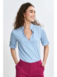 Nife Bluzka w kolorze błękitnym rozmiar: 40. Niebieskie bluzki damskie Nife, bez wzorów, z wiskozy, bez kołnierzyka, bez ramiączek. Za 121.80 zł.