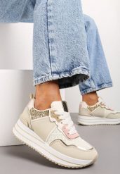 Beżowe Sneakersy na Niskiej Platformie ze Wstawkami z Brokatu Quinnes. Brązowe obuwie sportowe damskie Renee, bez zapięcia. Za 69.99 zł.