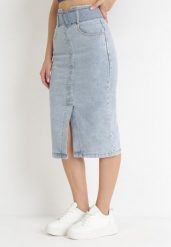Jasnoniebieska Ołówkowa Spódnica Midi Jeansowa z Guzikami Rilma. Niebieskie spódnice damskie Born2be, l, bez wzorów, z jeansu, midi. Za 139.99 zł.