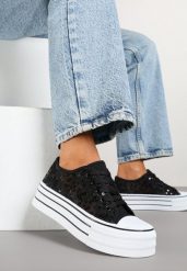 Czarne Siateczkowe Trampki Vices na Platformie Zdobione Cekinami Telandria. Czarne trampki damskie Born2be, z aplikacjami, z jeansu, bez zapięcia. Za 64.99 zł.