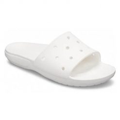 Klapki damskie Crocs Classic Slide. Białe klapki damskie Crocs, bez wzorów, z syntetyku, bez obcasa, bez zapięcia. W wyprzedaży za 111.95 zł.