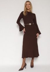 Brązowa Sukienka Dzianinowa z Wiskozą z Rozszerzanymi Rękawami i Paskiem Retelva. Brązowe sukienki damskie Born2be, bez wzorów, z dzianiny, eleganckie, bez ramiączek. Za 169.99 zł.