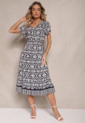 Granatowa Rozkloszowana Sukienka z Bawełny w Print Paisley Lanarisa. Niebieskie sukienki damskie Renee, bez wzorów, z bawełny, eleganckie, bez ramiączek. W wyprzedaży za 43.99 zł.