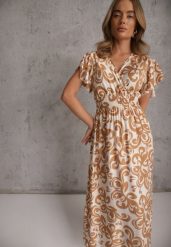 Brązowa Taliowana Sukienka z Wiskozy z Kopertowym Dekoltem Jynaela. Brązowe sukienki damskie Renee, bez wzorów, z tkaniny, boho, bez ramiączek. Za 79.99 zł.