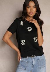 Czarny T-shirt z Cyrkoniami Perełkami i Naszywkami Silvivia. Czarne t-shirty damskie Renee, z aplikacjami, z jeansu, bez kołnierzyka. Za 84.99 zł.