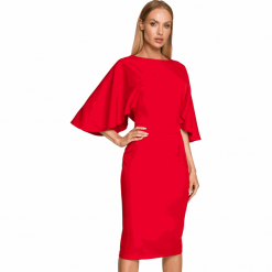 Sukienka elegancka ołówkowa z szerokimi rękawami czerwona z pelerynką. Czerwone sukienki damskie Sukienki.shop, bez wzorów, eleganckie, bez ramiączek. Za 289.00 zł.