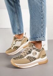 Ciemnobeżowe Sneakersy Ozdobione Wzorem w Panterkę z Metalicznymi Zdobieniami na Platformie Gonnella. Brązowe obuwie sportowe damskie Renee, z jeansu, bez zapięcia. Za 99.99 zł.